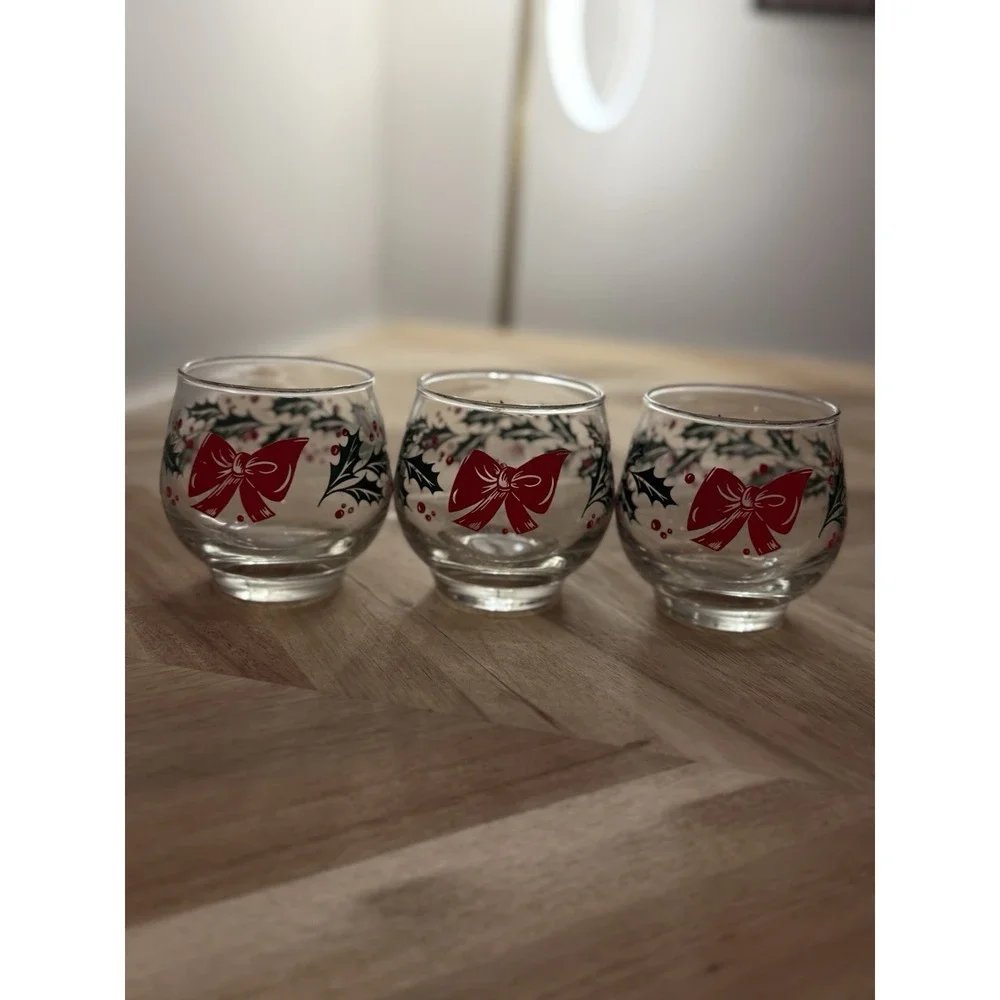 3 VTG MCM  Libby Rolly Polly‎ Low Ball Cocktail Glass Bow Holly Berry XMAS Party